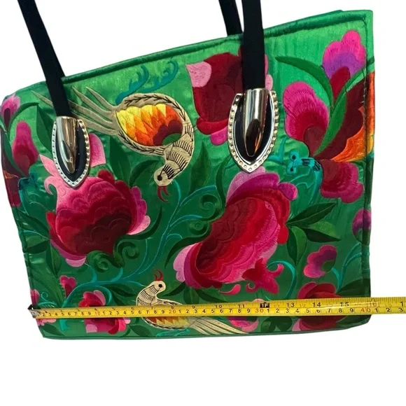 Handcrafted Floral Embroidered Shoulder Green Tote Bag – Unbranded, New - Picture 9 of 11